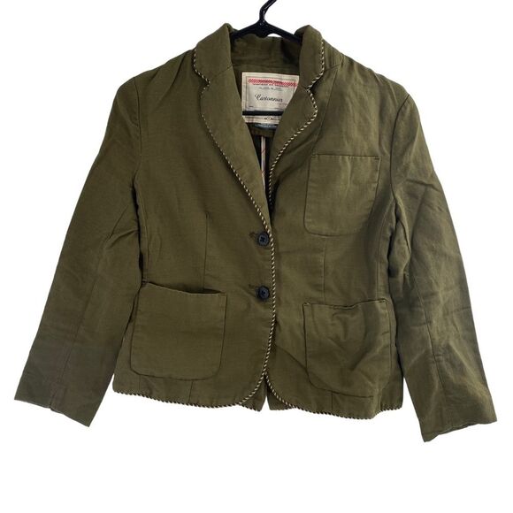 Anthropologie Cartonnier Army Green Blazer Size 0 Linen Cotton Blend Two Button‎ - Picture 1 of 10